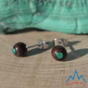 kolczyki drewniane sztyfty palisander z malachitem
